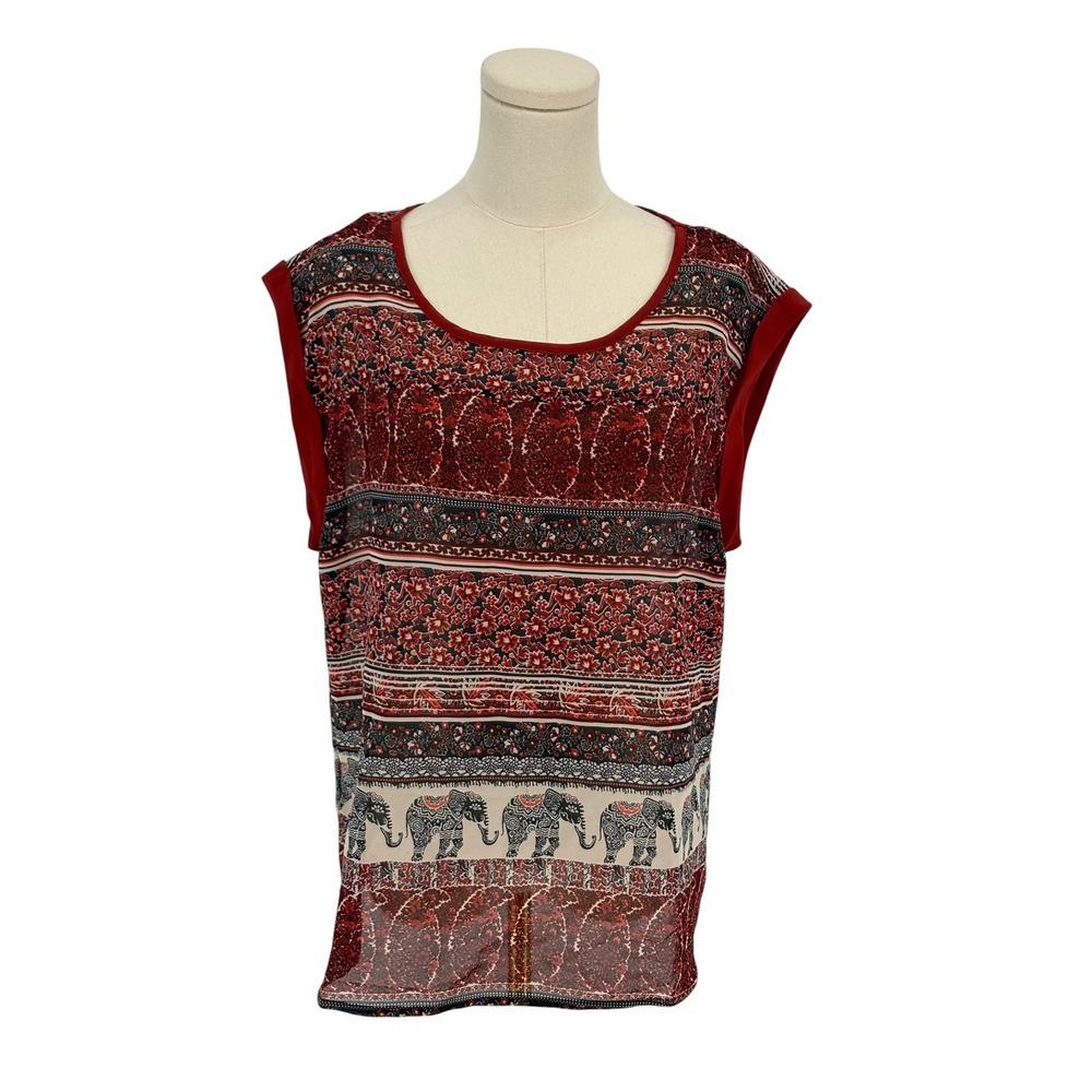 Truly 4 You Elephant Print Blouse Red Boho Sheer Sleeveless Top XL